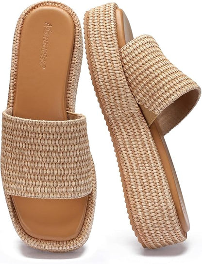 Raffia Espadrille Platform Sandals - Woven Flatform Slides