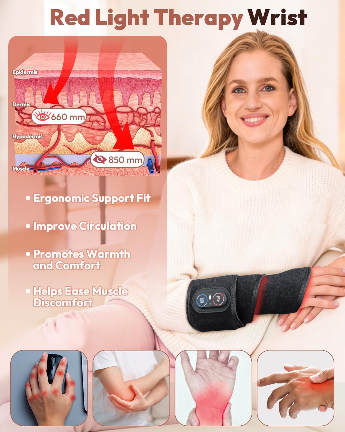 Red Light Therapy Wrist Wrap with Heat & Vibration | Cordless