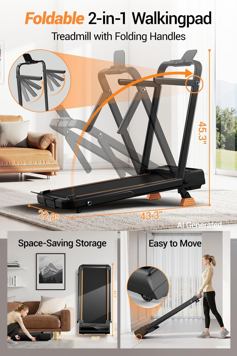Walking Pad Treadmill with 15% Incline & Handlebar for Home