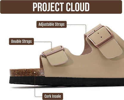 Genuine Leather Cork Footbed Slide Sandals with Memory Foam & Arch Support