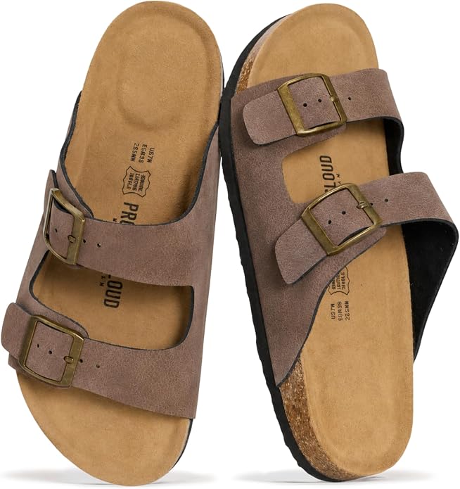 Genuine Leather Cork Footbed Slide Sandals with Memory Foam & Arch Support