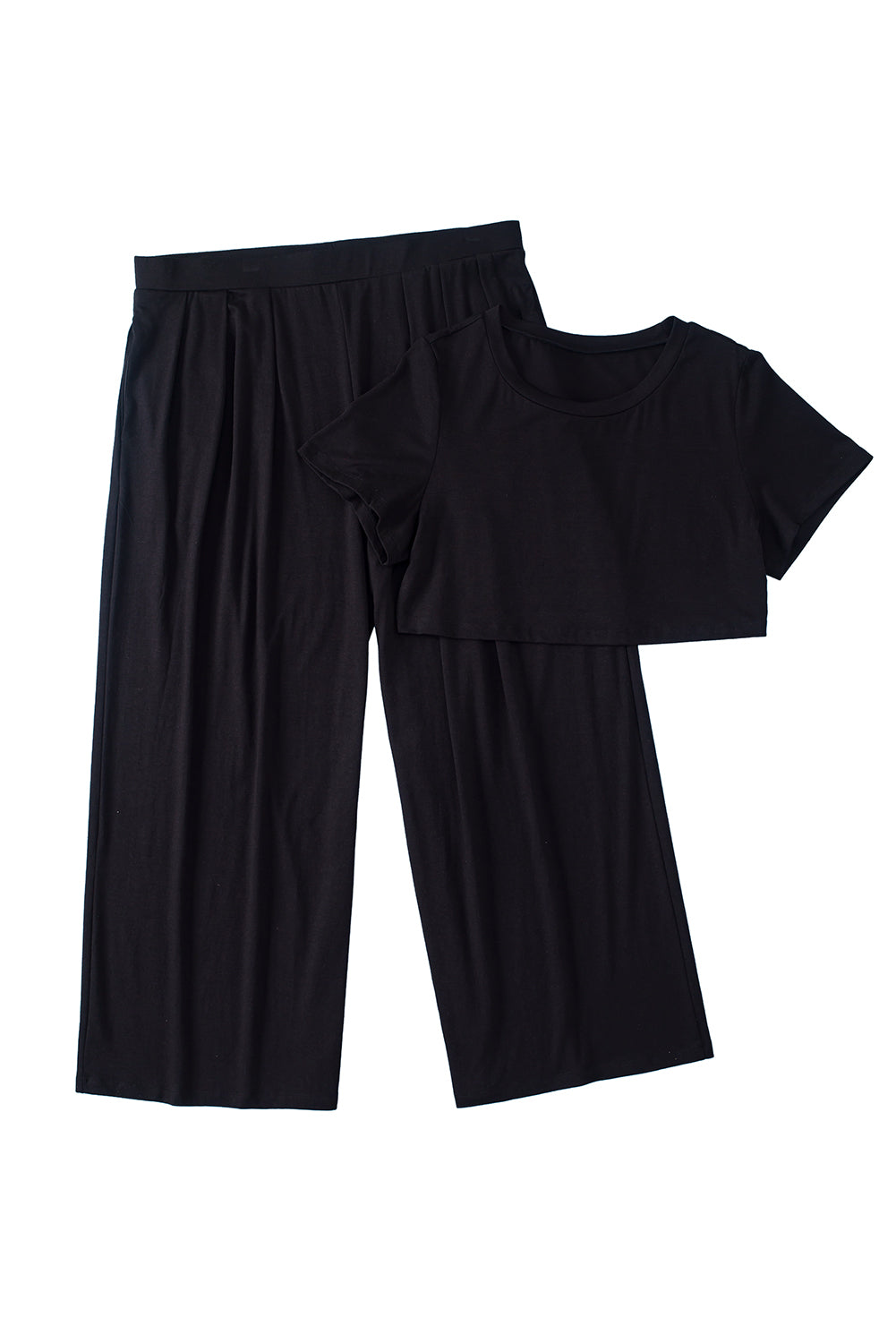 Black Plus Size Crop T-Shirt and Pleated Wide Leg Pants Set