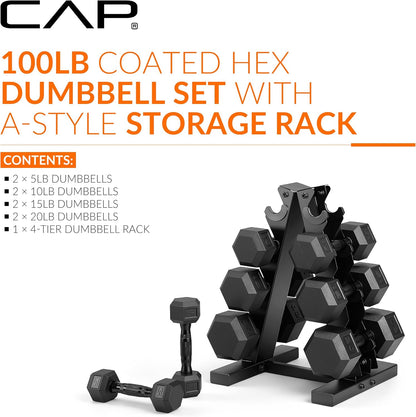 Rubber Hex Dumbbell Set with Vertical Rack | 100-210 lb