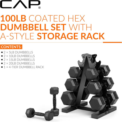 Rubber Hex Dumbbell Set with Vertical Rack | 100-210 lb