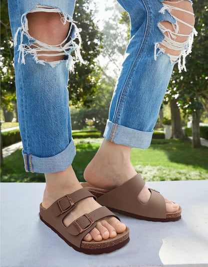 Cork Footbed Slide Sandals with Arch Support & Adjustable Buckle