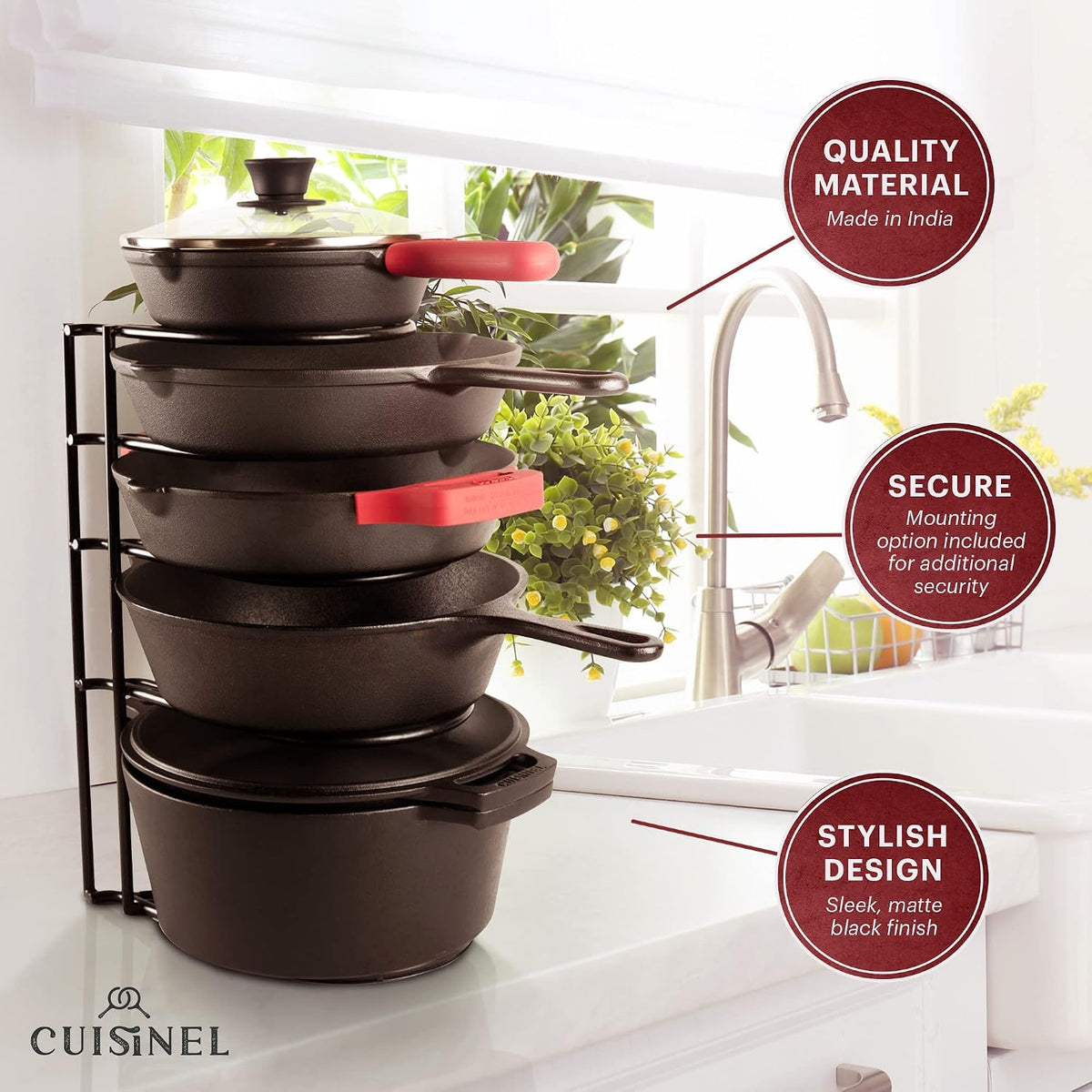 XL 5-Tier Cast Iron Pan Organizer Rack - Matte Black