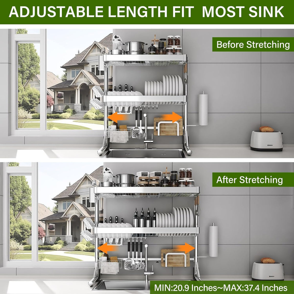 Over Sink Dish Drying Rack 3 Tier Adjustable Stainless Steel