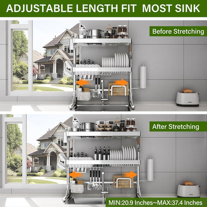 Over Sink Dish Drying Rack 3 Tier Adjustable Stainless Steel