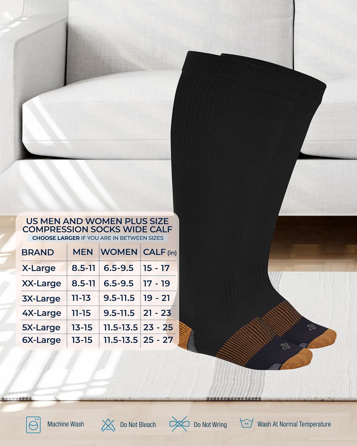 Copper Plus Size Wide Calf Compression Socks 20-30mmHg - 2 Pairs