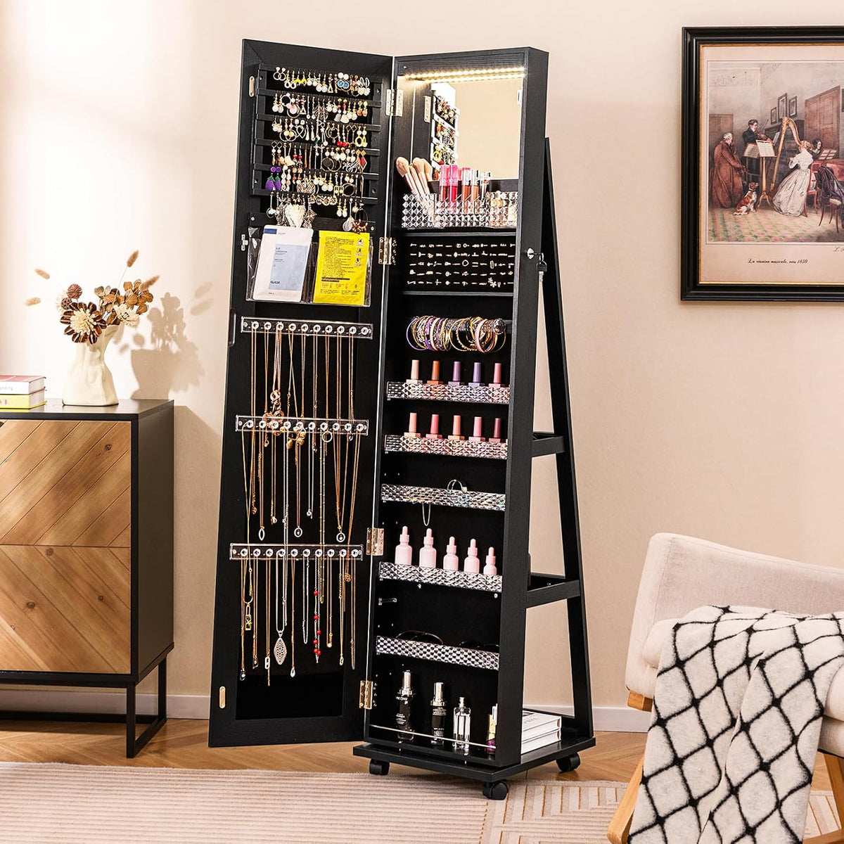 Full Length Mirror Jewelry Cabinet with Wheels & LED Lighting