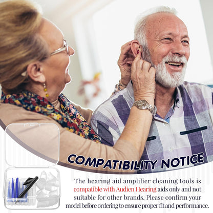 Hearing Amplifier Accessories Kit – Compatible with Audien Atom, Atom Pro & Atom 2 Hearing Amplifiers – Cleaning Tools Set with Silicone Domes (6 Sizes), Wax Guards, Brush, Screwdriver & Carry