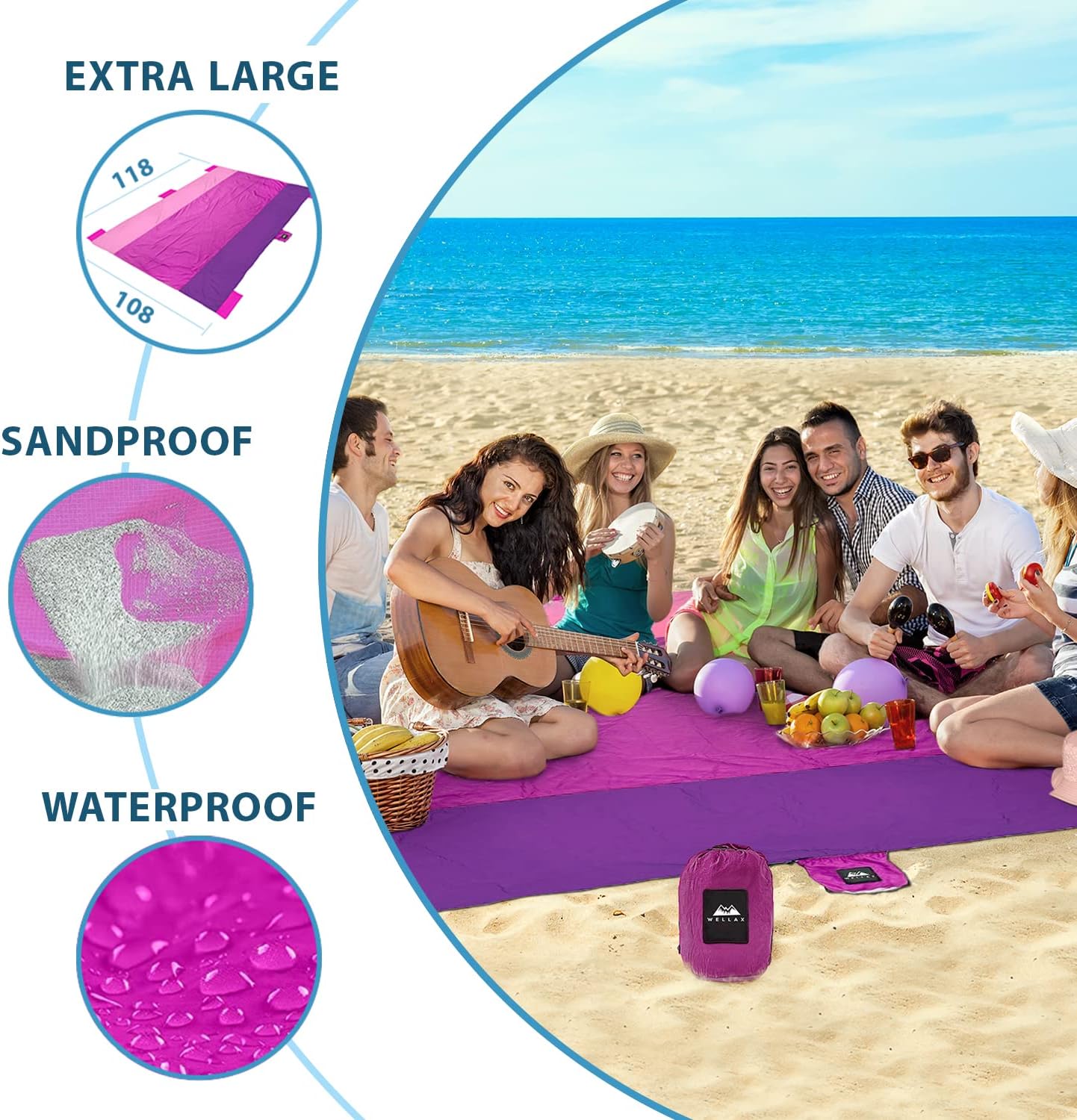 Premium Waterproof Sandproof Beach Blanket 9x10 Ft - 8 Person