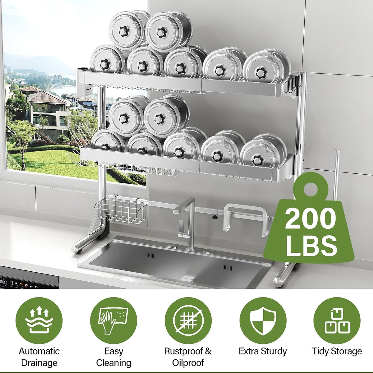 Over Sink Dish Drying Rack 3 Tier Adjustable Stainless Steel