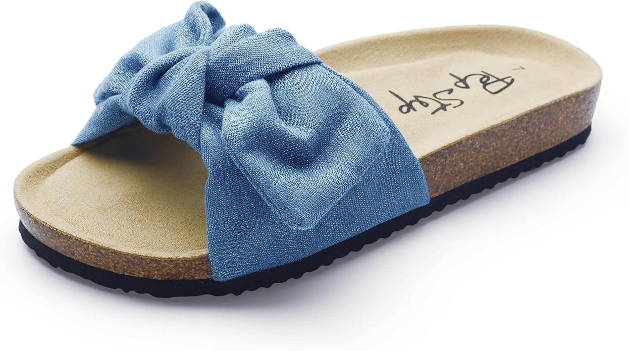 Women's Cork Footbed Slide Sandals with Bow Tie Detail