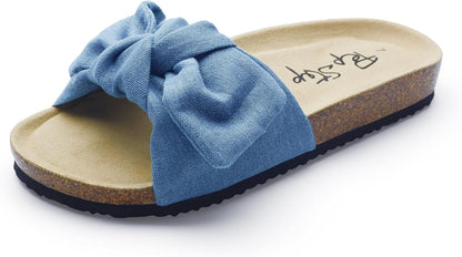 Women's Cork Footbed Slide Sandals with Bow Tie Detail