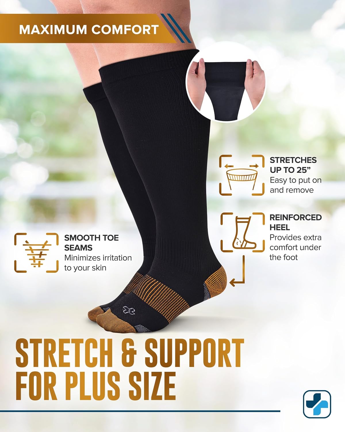 Copper Plus Size Wide Calf Compression Socks 20-30mmHg - 2 Pairs