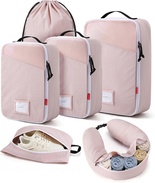 6-Piece Packing Cube Set with Fillable Neck Pillow & Shoe Bag