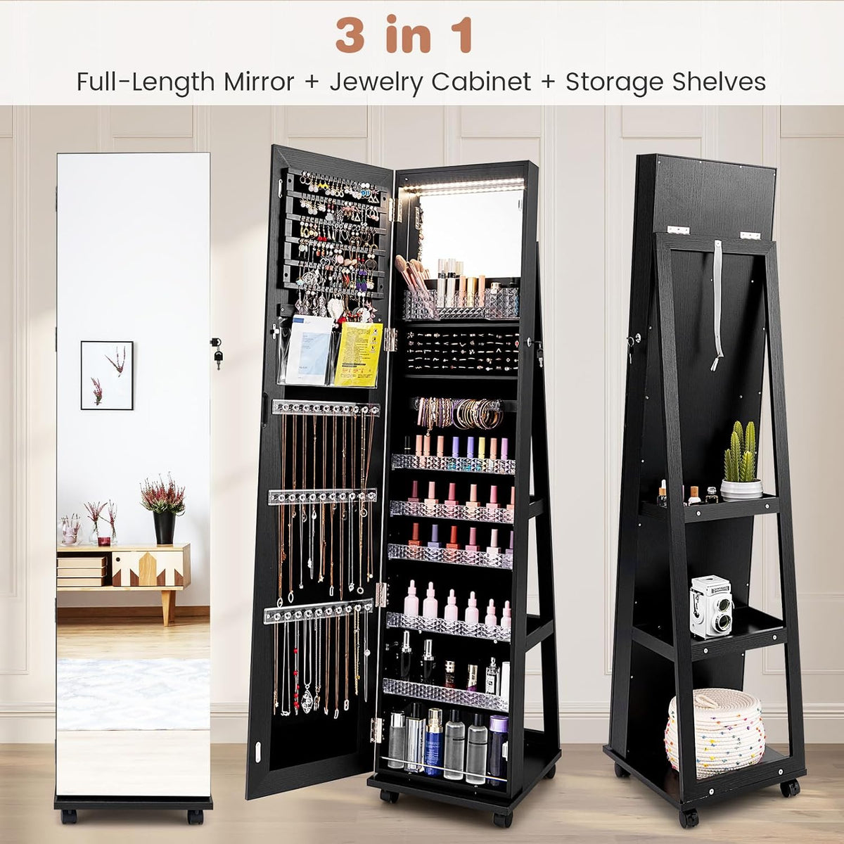 Full Length Mirror Jewelry Cabinet with Wheels & LED Lighting