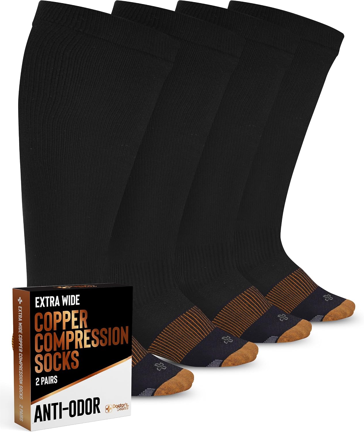 Copper Plus Size Wide Calf Compression Socks 20-30mmHg - 2 Pairs