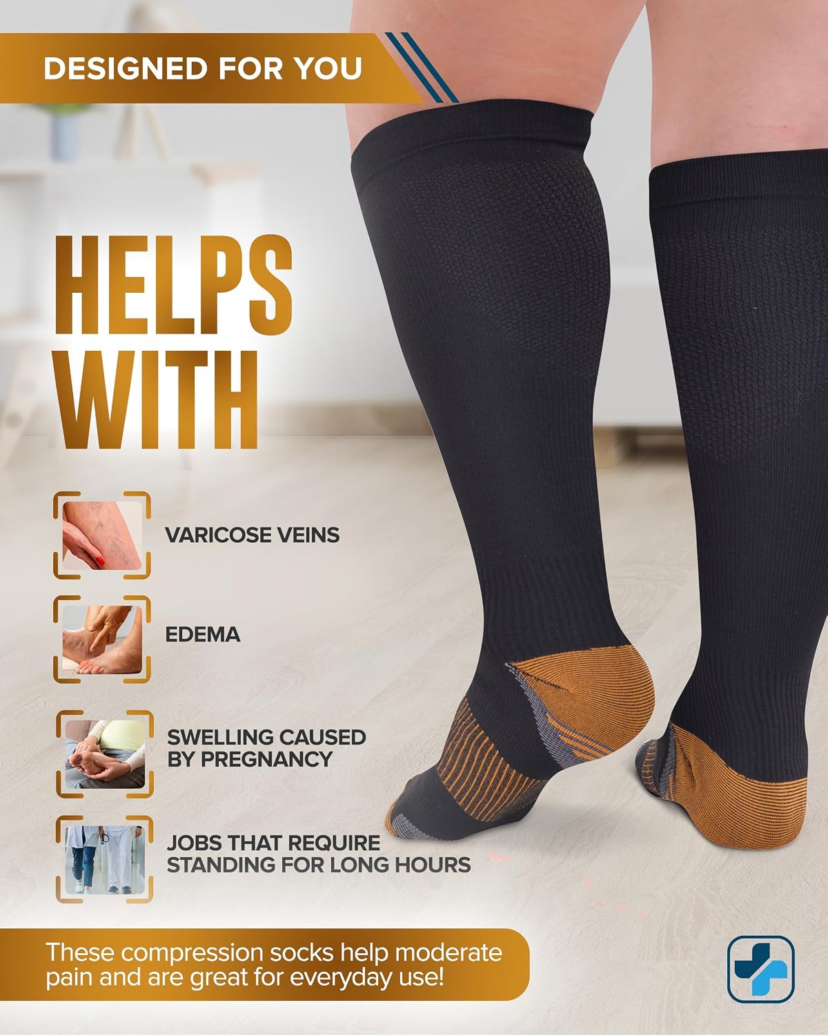 Copper Plus Size Wide Calf Compression Socks 20-30mmHg - 2 Pairs