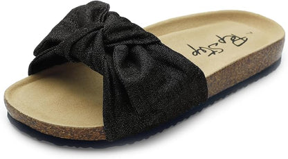 Women's Cork Footbed Slide Sandals with Bow Tie Detail