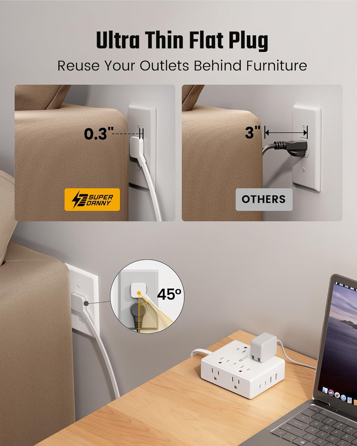 Flat Plug Surge Protector Power Strip | 8 AC + 4 USB Ports