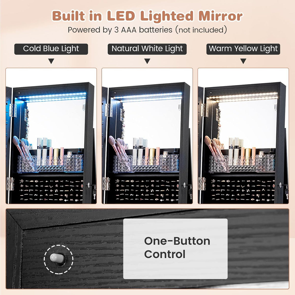 Full Length Mirror Jewelry Cabinet with Wheels & LED Lighting