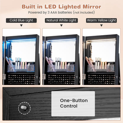 Full Length Mirror Jewelry Cabinet with Wheels & LED Lighting