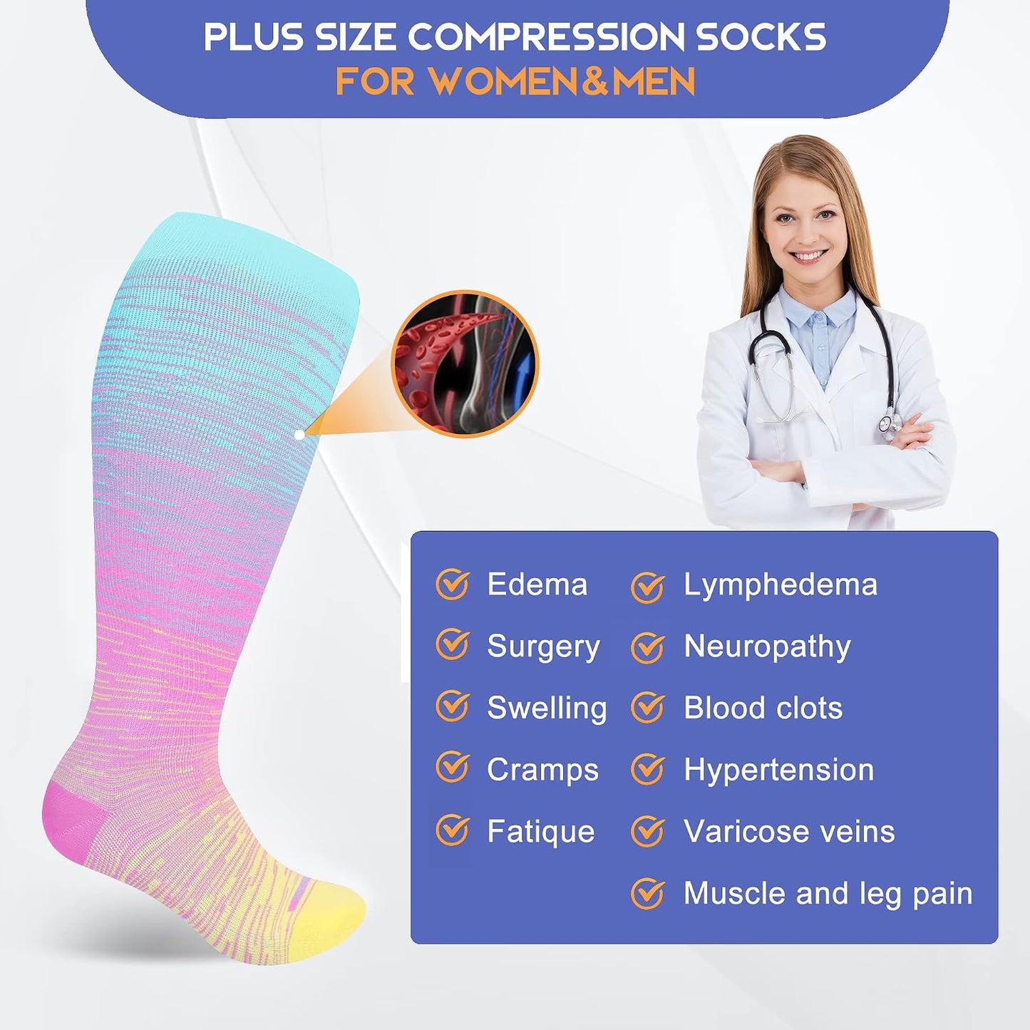 Plus Size Compression Socks 15-20 mmHg Wide Calf Knee High