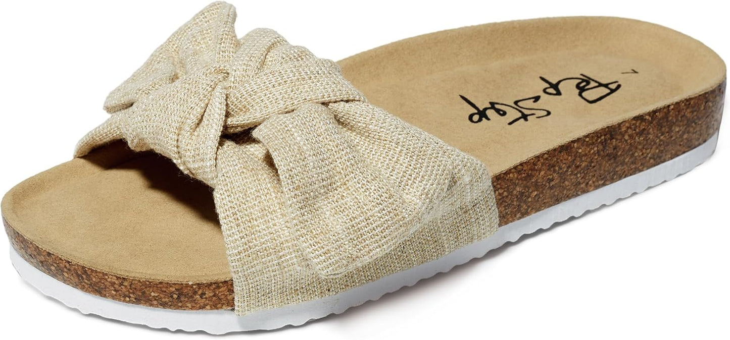 Women's Cork Footbed Slide Sandals with Bow Tie Detail