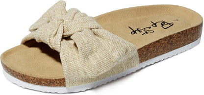 Women's Cork Footbed Slide Sandals with Bow Tie Detail