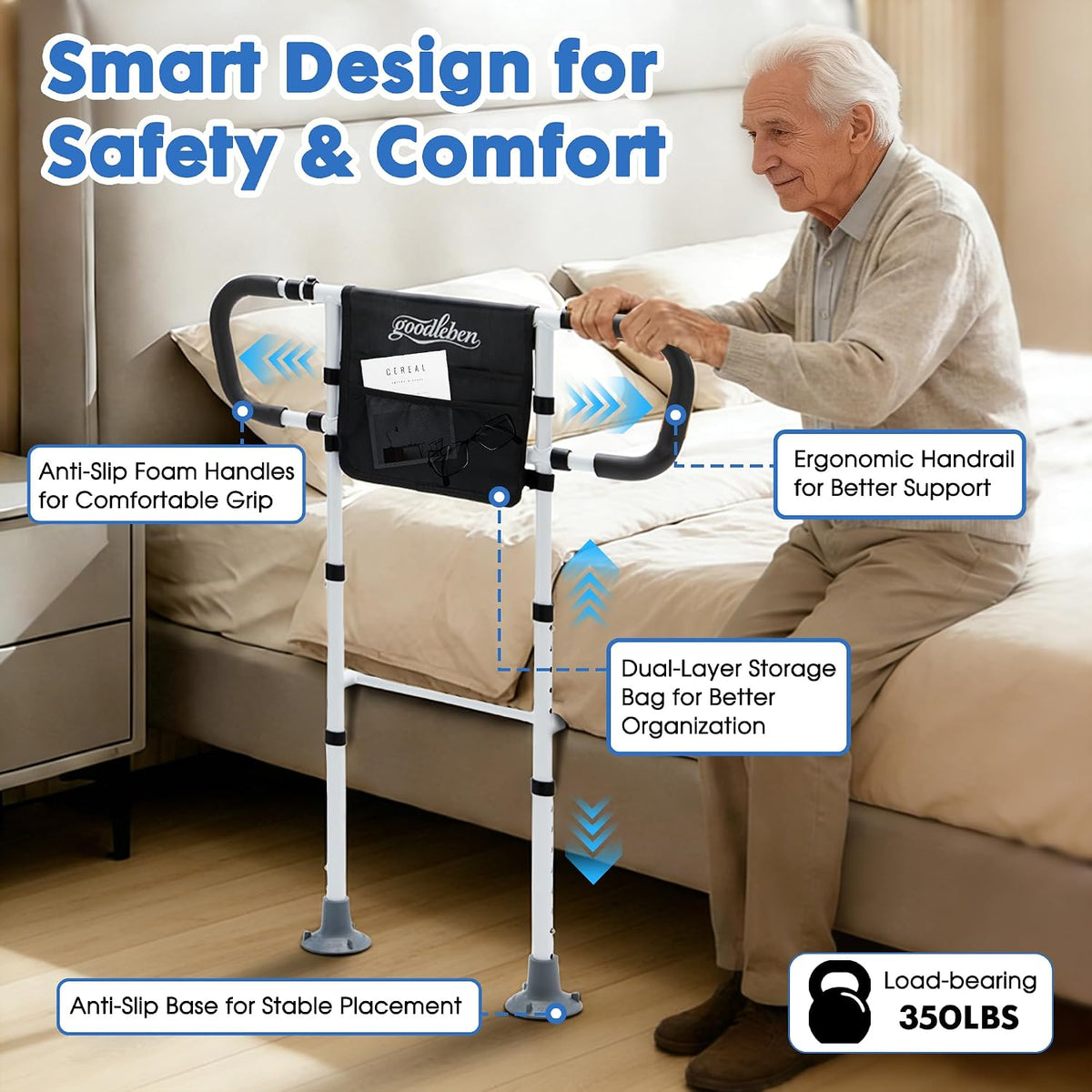 Bed Assist Rail with Ergonomic Handle & Floor Support