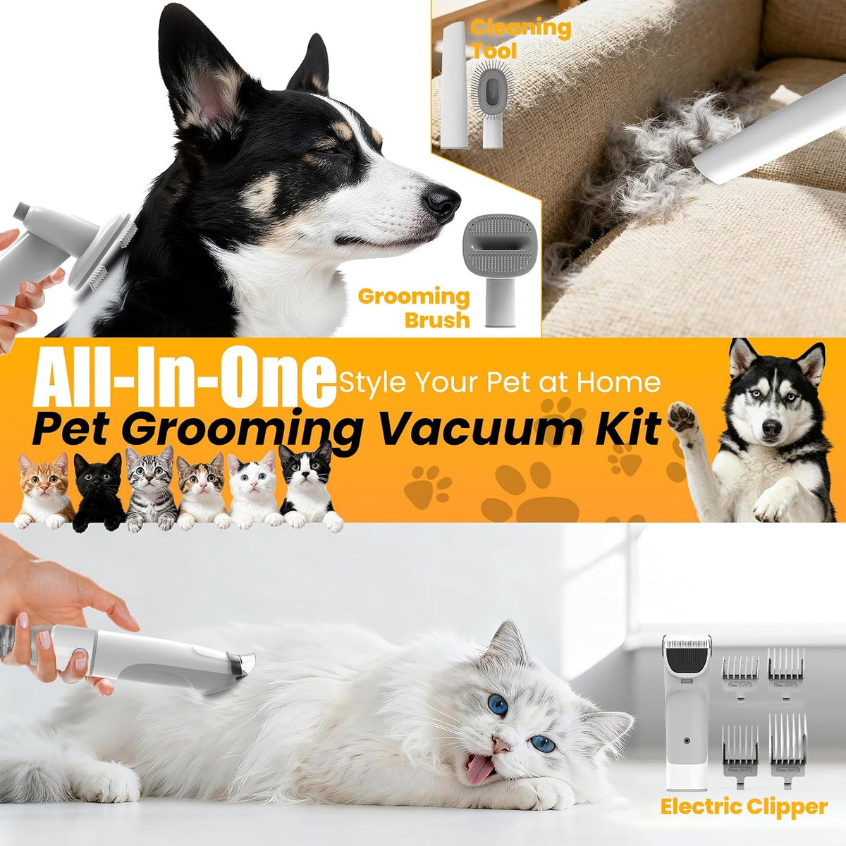 All-in-One Pet Grooming Vacuum Kit with Clippers & Brushes
