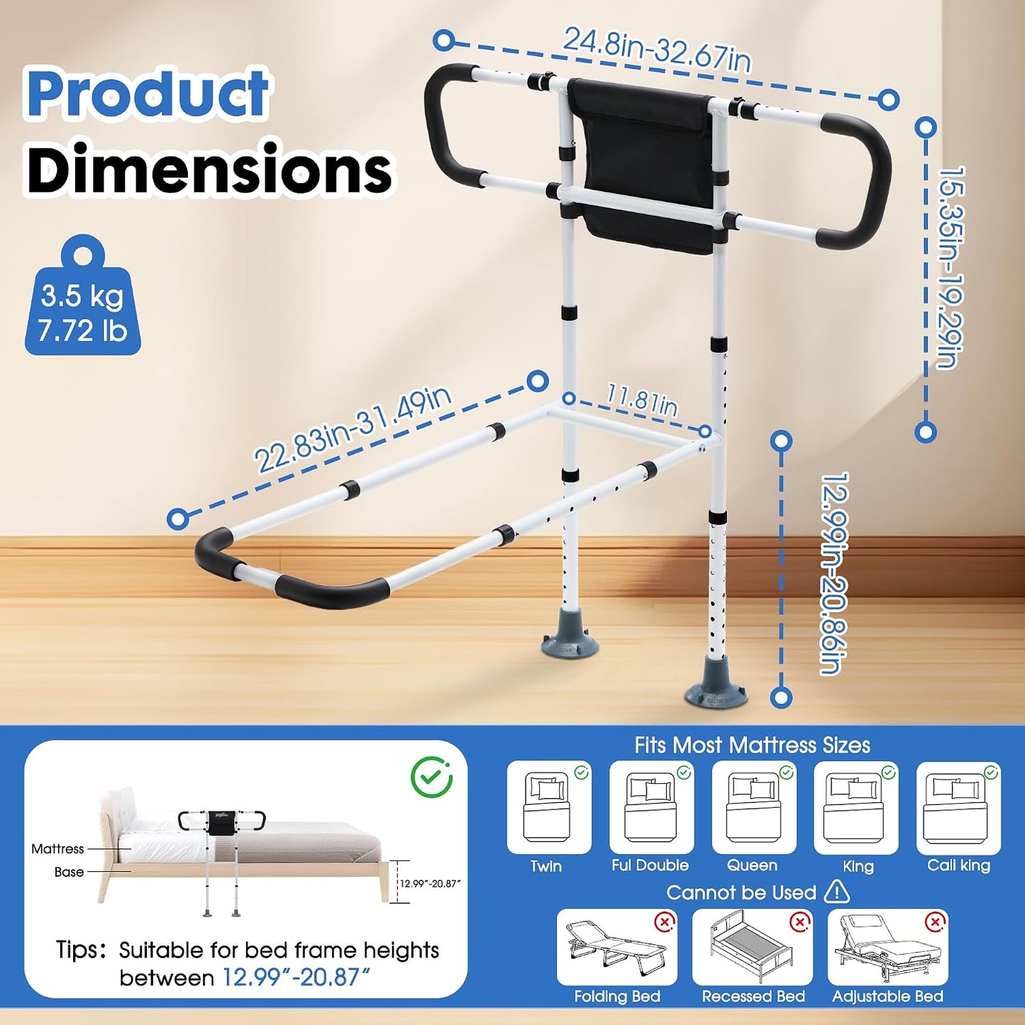 Bed Assist Rail with Ergonomic Handle & Floor Support