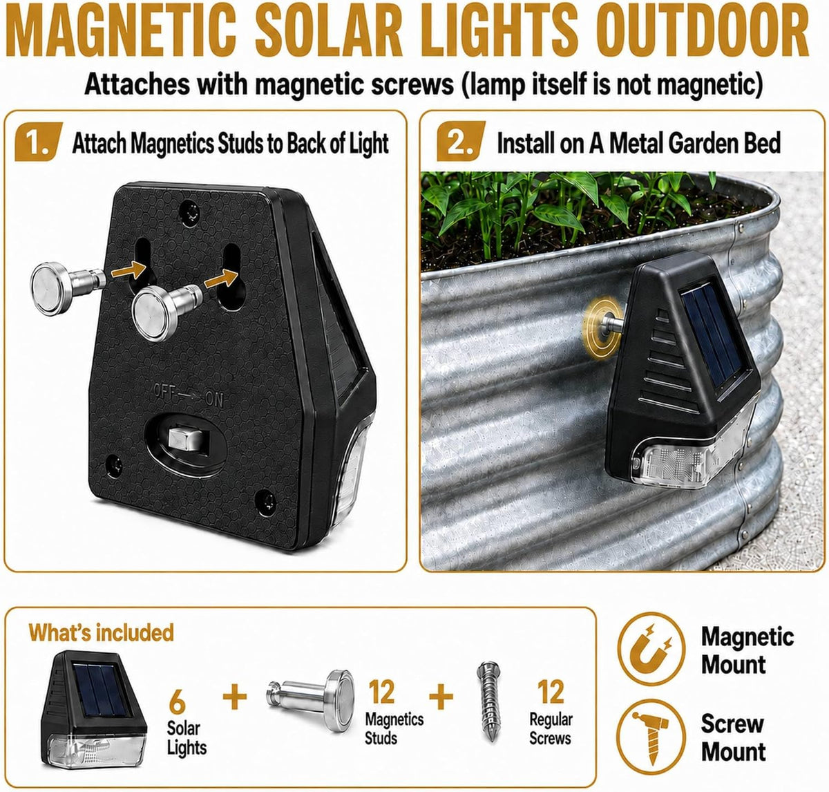 Magnetic Solar Lights for Raised Garden Beds - 6 Pack