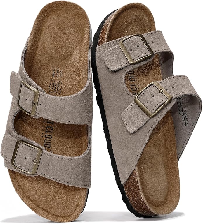 Genuine Leather Cork Footbed Slide Sandals with Memory Foam & Arch Support