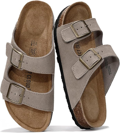 Genuine Leather Cork Footbed Slide Sandals with Memory Foam & Arch Support