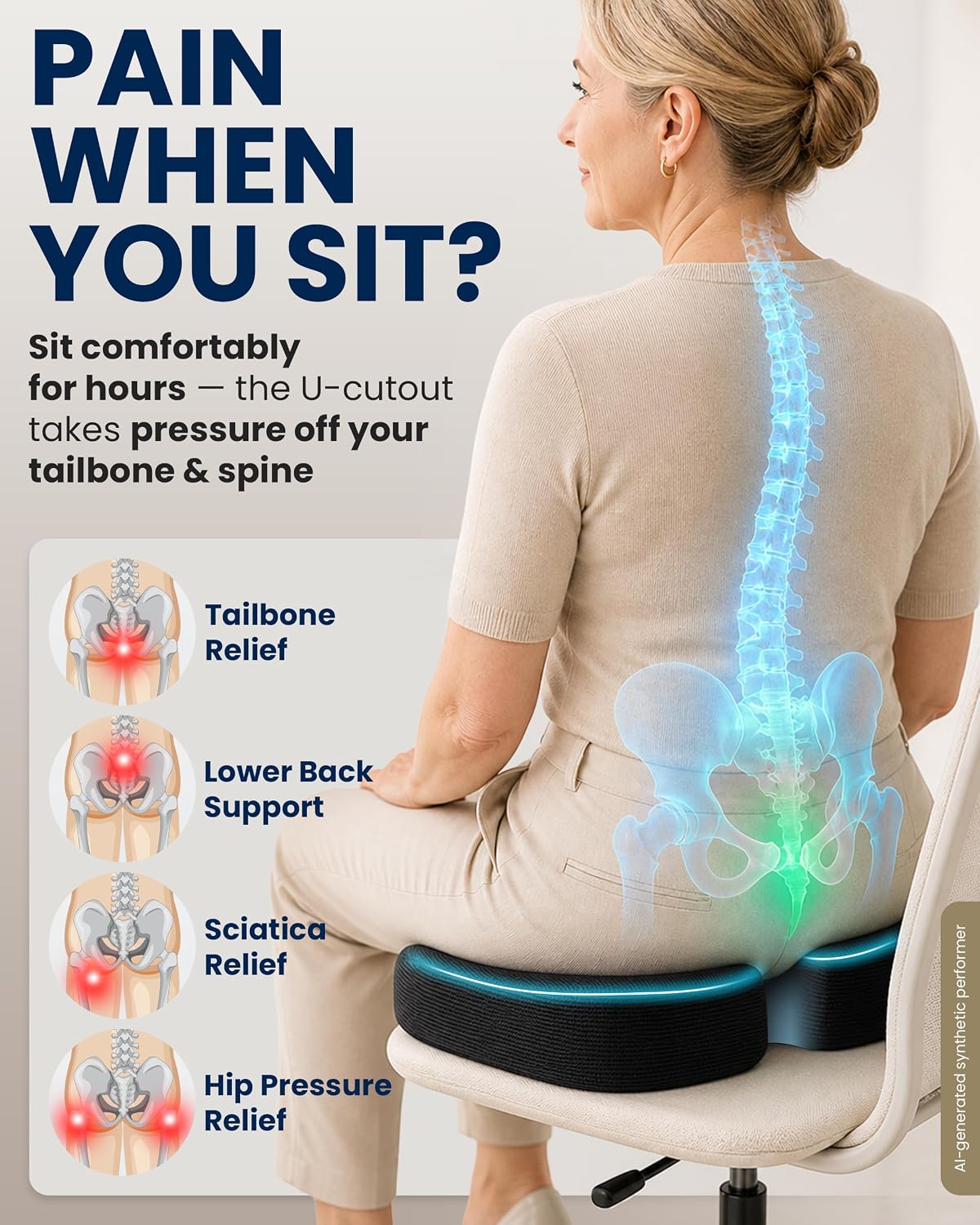 Memory Foam Seat Cushion - Ergonomic Chair Support Pad