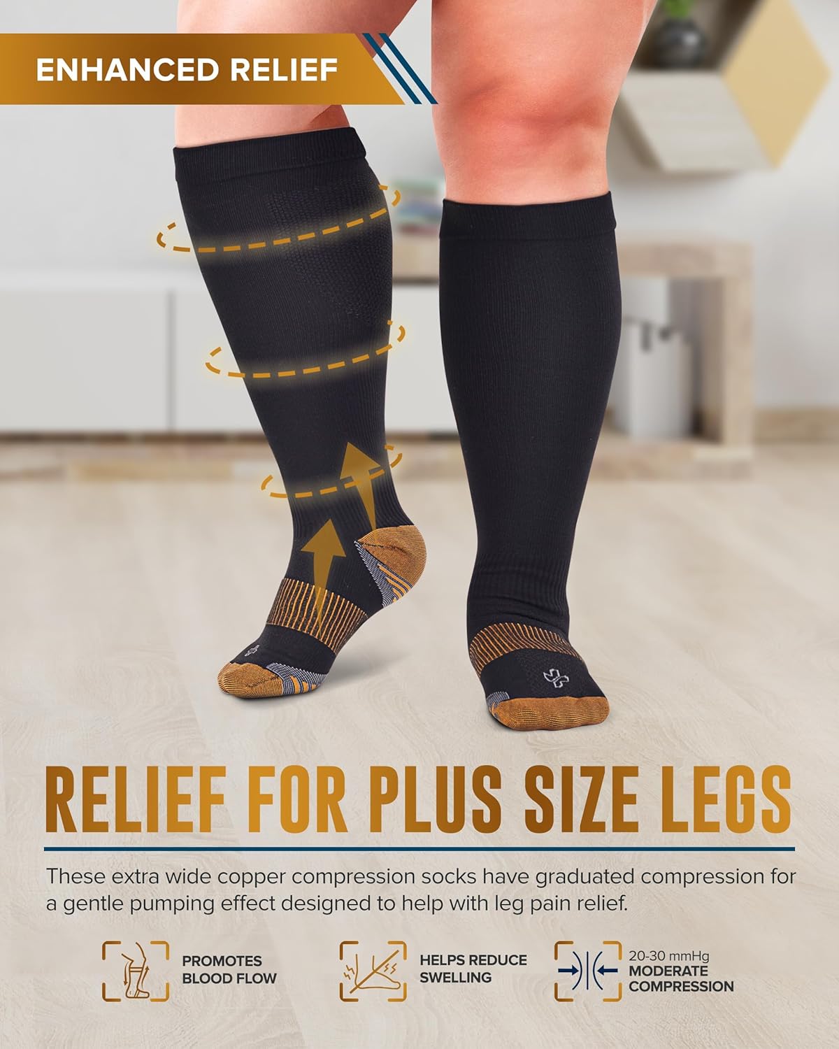 Copper Plus Size Wide Calf Compression Socks 20-30mmHg - 2 Pairs