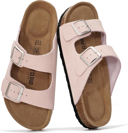 Genuine Leather Cork Footbed Slide Sandals with Memory Foam & Arch Support