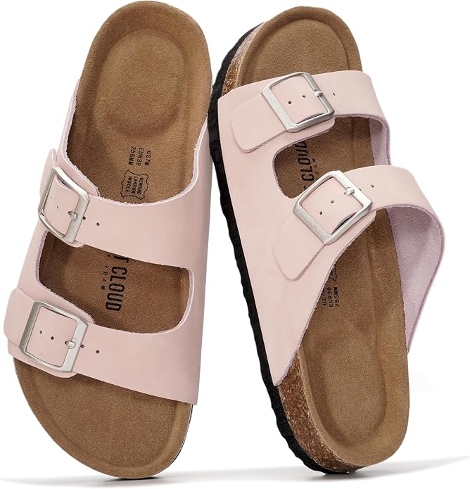 Genuine Leather Cork Footbed Slide Sandals with Memory Foam & Arch Support