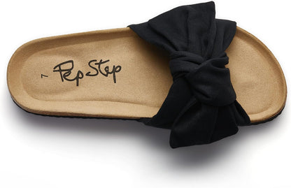 Women's Cork Footbed Slide Sandals with Bow Tie Detail