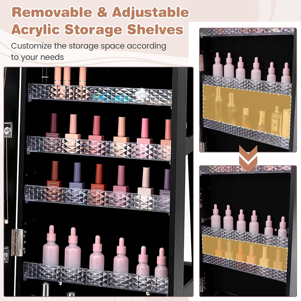 Full Length Mirror Jewelry Cabinet with Wheels & LED Lighting