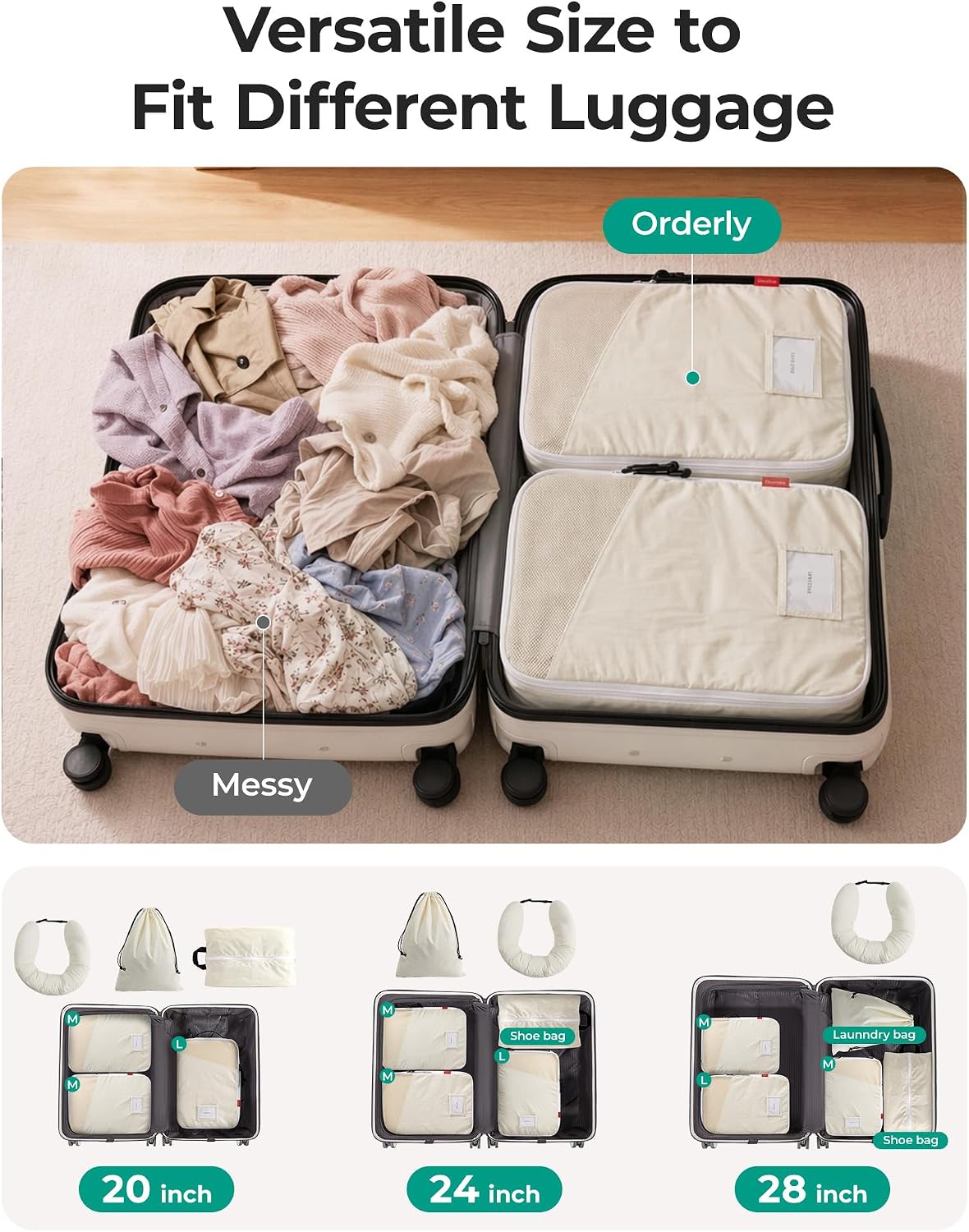 6-Piece Packing Cube Set with Fillable Neck Pillow & Shoe Bag
