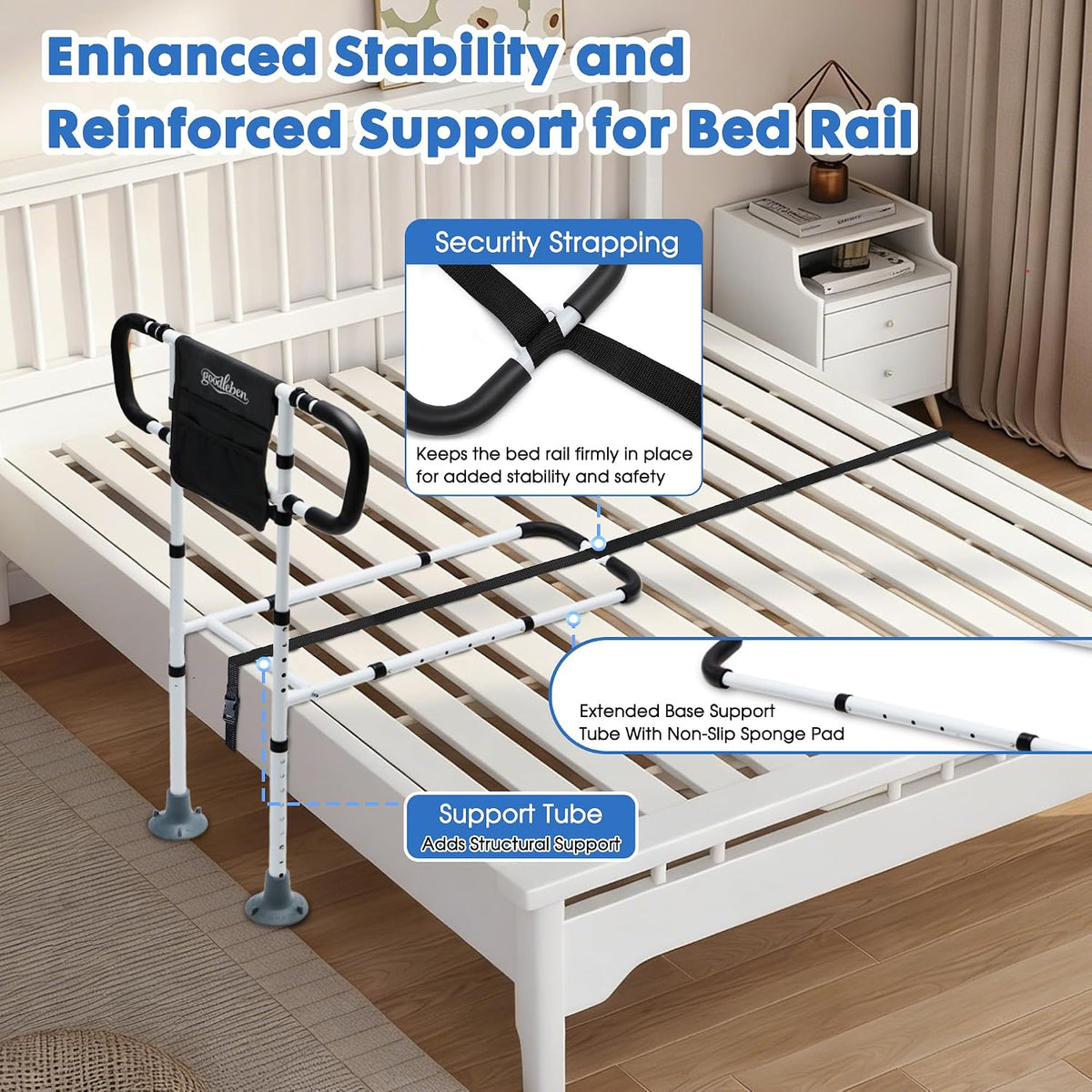 Bed Assist Rail with Ergonomic Handle & Floor Support