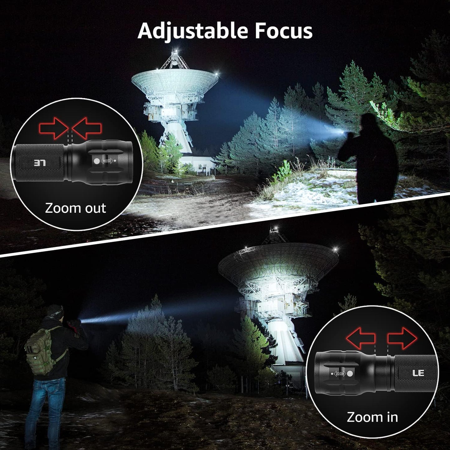 High Lumen Tactical Flashlight with Adjustable Focus & Batteries