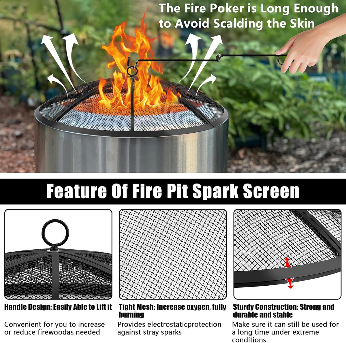 Premium Fire Pit Spark Screen with Handle & Poker | 22-40 Inch
