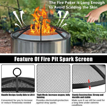 Premium Fire Pit Spark Screen with Handle & Poker | 22-40 Inch