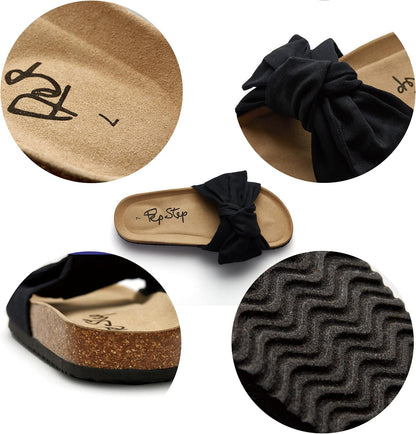 Women's Cork Footbed Slide Sandals with Bow Tie Detail