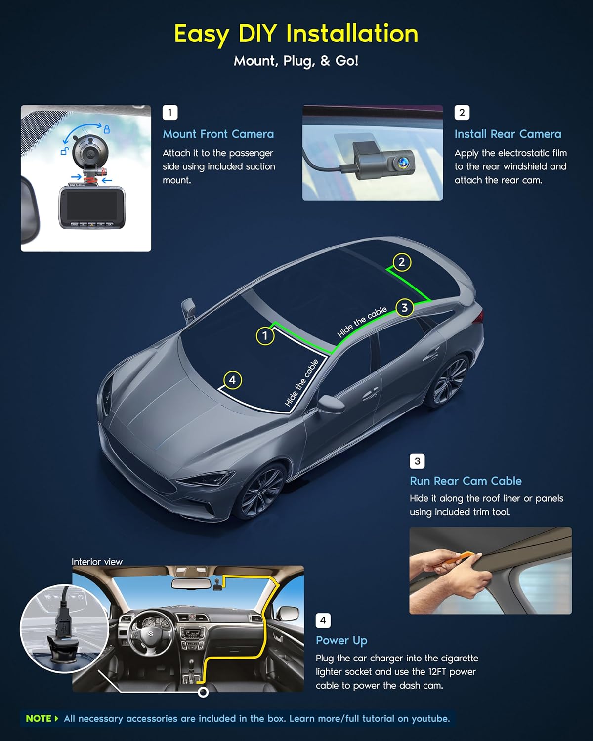 Dual 4K Dash Cam Front & Rear with WiFi & GPS Parking Mode